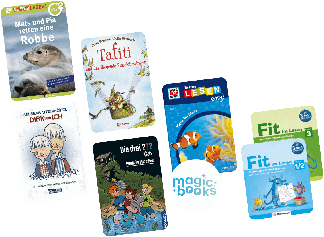 Eine Auswahl an farbenfrohen deutschen Kinderbüchern mit illustrierten Einbänden, darunter Tiere, Zeichentrickfiguren und Kinder, die um ein kreisförmiges Zauberbuch-Logo auf hellem Hintergrund angeordnet sind. Eine Auswahl an farbenfrohen deutschen Kinderbüchern mit illustrierten Einbänden, darunter Tiere, Zeichentrickfiguren und Kinder, die um ein kreisförmiges Zauberbuch-Logo auf hellem Hintergrund angeordnet sind.