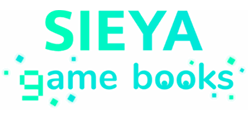 Logo mit dem Schriftzug SIEYA game books in Türkis, mit verspielten, geometrischen Formen um den Text und stilisierten Buchstaben, alles auf hellem Hintergrund.