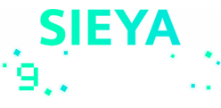 Logo mit fettgedrucktem türkisem Text SIEYA über verblassten weißen Buchstaben, die Spielbücher buchstabieren, umgeben von verstreuten türkisfarbenen Quadraten auf hellem Hintergrund.