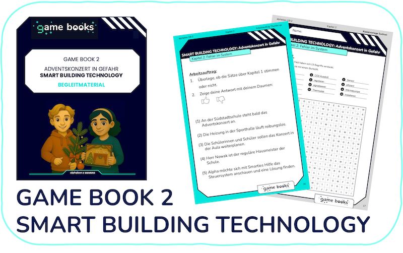 Das Cover mit dem Titel Spielbuch 2: Intelligente Gebäudetechnik zeigt zwei Kinder, die eine Pflanze halten. Daneben befinden sich zwei Seiten mit deutschen Bildungsinhalten und Aktivitäten über intelligente Gebäudetechnik.
