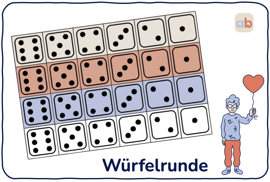 Ein Raster mit Würfelflächen, die verschiedene Zahlen zeigen, hervorgehoben in roten und blauen Reihen. Rechts unten steht eine Cartoon-Person, die einen herzförmigen Luftballon hält. Der Text darunter lautet Würfelrunde.