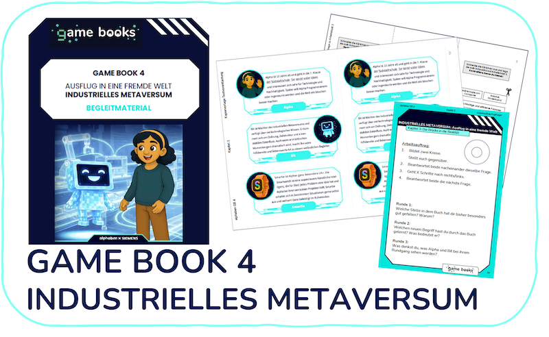 Eine Werbegrafik für Game Book 4: Industrielles Metaversum zeigt das Buchcover mit einer Zeichentrickfigur und einer digitalen Schnittstelle sowie Beispielseiten mit Dialogblasen und Anleitungstext.