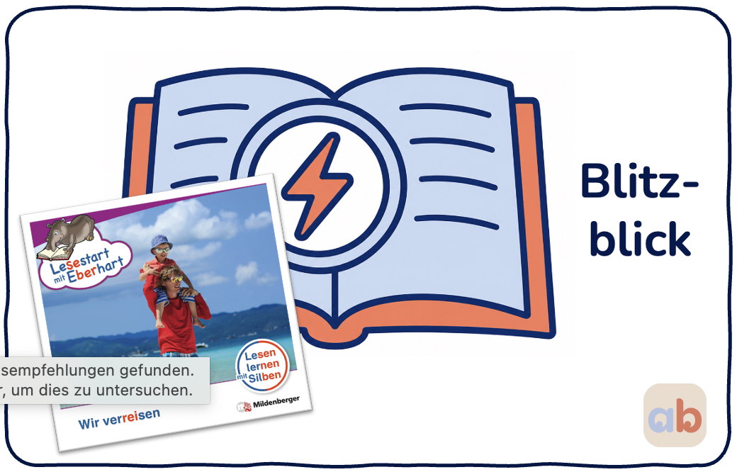 Eine Illustration eines aufgeschlagenen Buches mit einem Blitz, dem Wort „Blitzblick“ und einem Foto eines Kindes in roter Kleidung am Strand, dazu ein deutscher Text über Lesen und Reisen.