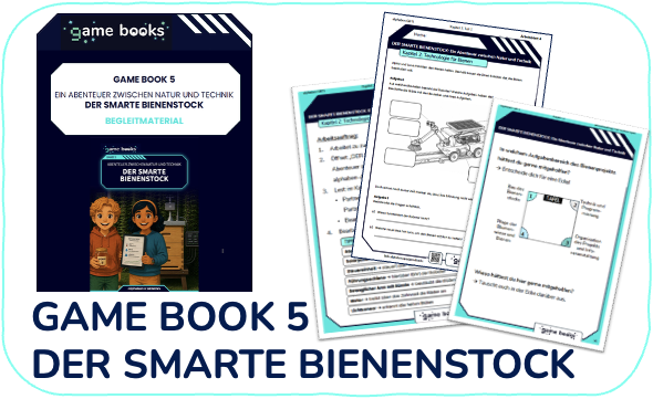 Umschlag und Seiten aus dem Spielbuch 5: „Der Smarte Bienenstock“ mit Comic-Kindern, deutschem Text und Arbeitsblättern mit Illustrationen und Lernaufgaben.