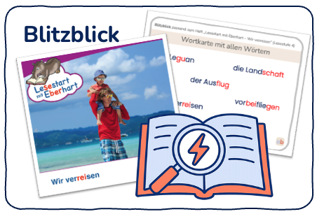 Zwei Lernkarten auf Deutsch: Auf der einen ist ein Mann zu sehen, der ein Kind am Strand trägt, auf der anderen sind deutsche Wörter abgebildet. Im Vordergrund befindet sich ein aufgeschlagenes Buch mit einem Blitzsymbol.