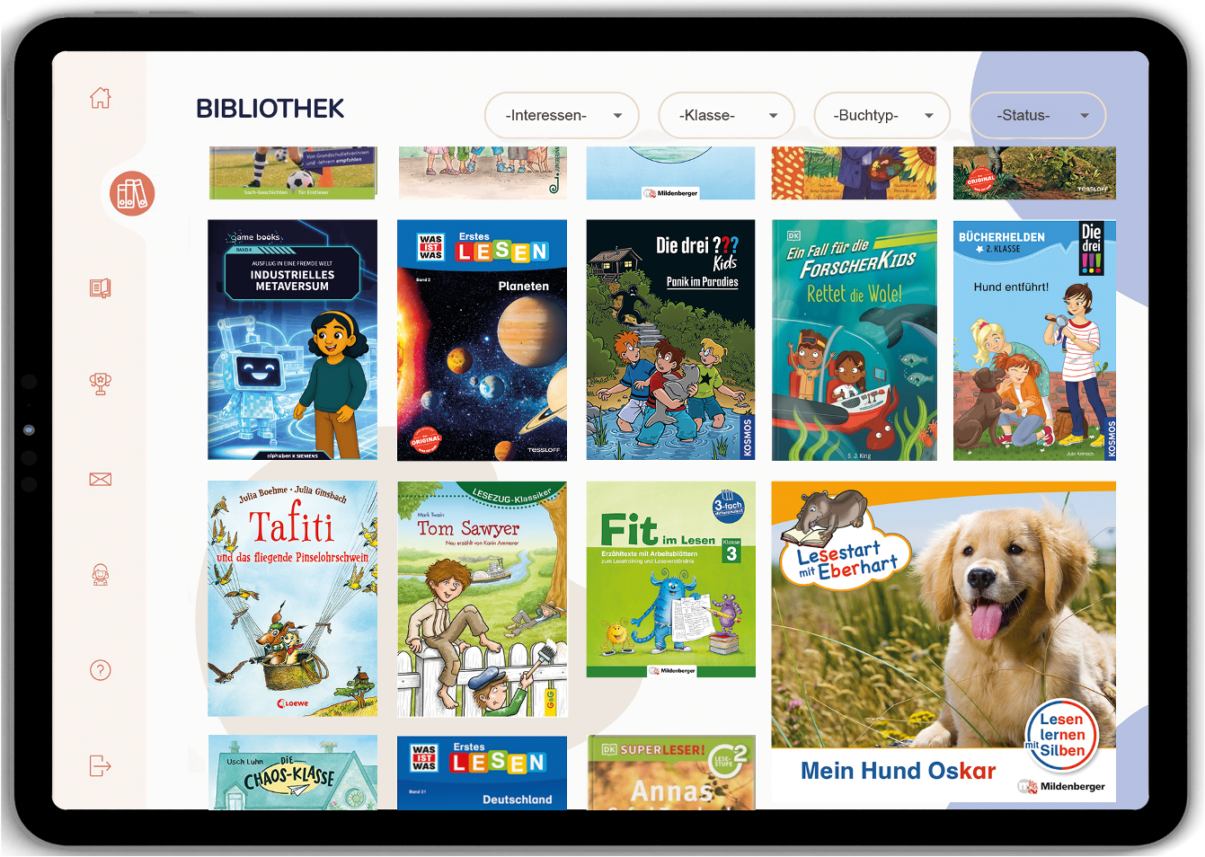 Auf dem Bildschirm eines Tablets ist eine digitale Bibliotheks-App mit Kinderbüchern zu sehen, darunter Titel zu den Themen Wissenschaft, Abenteuer und Tiere sowie ein Buchcover mit einem gelben Hund und der Aufschrift „Mein Hund Oskar“. Die bunten Buchcover werden in einem Rasterlayout angezeigt.