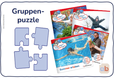 Neben drei Zeitschriftencovern, auf denen Menschen saisonale Aktivitäten genießen, liegen vier Puzzleteile: eines für den Frühling, eines für den Winter und eines für das Schwimmen im Sommer. Der Titel auf der linken Seite lautet „Gruppenpuzzle“.